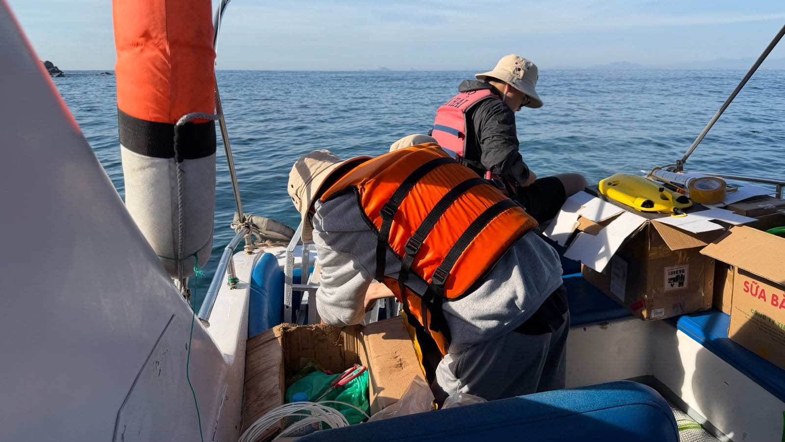 Marine transit and ROV staging on research boat in Nha Trang Bay